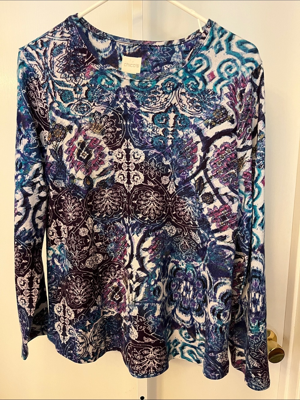 Chico's Teal Navy Purple Medallion Print Long Sleeve Top